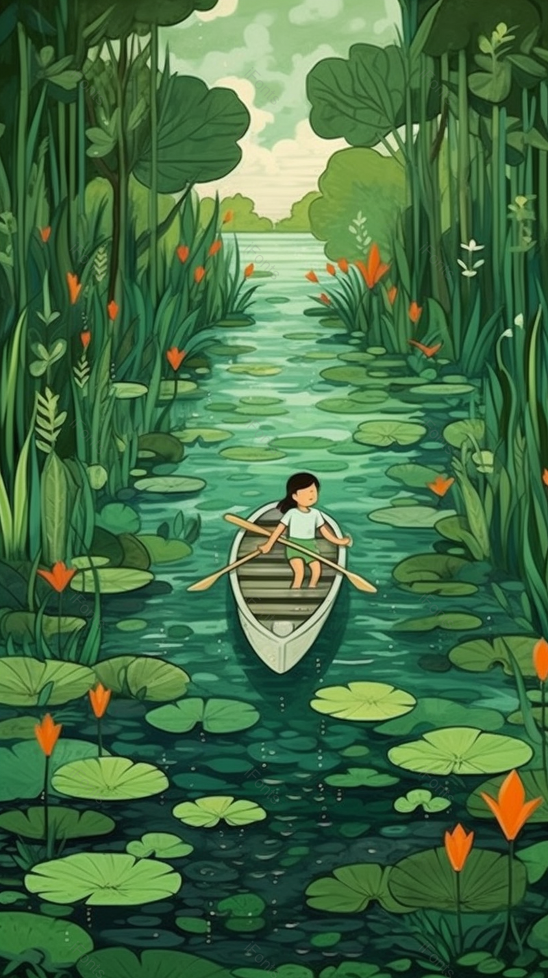 盛夏绿色水生植物从中一位划船的小朋友,插画/手绘图,插画/手绘图库,插画/手绘图下载,插画/手绘